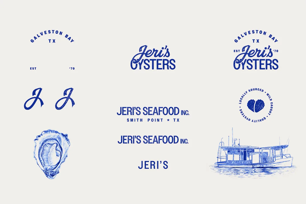 Jeri’s Oysters logo grid and other branding elements.